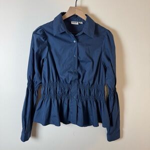 Navy Smocked Waist Button-Down Blouse M